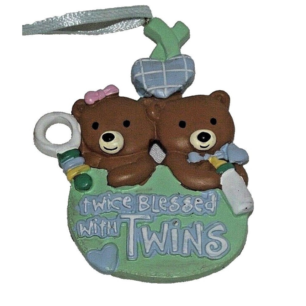 Twins Twice Blessed Ornament Christmas Blue Green Teddy Bears Boy Girl Baby NEW